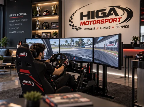 Higa Motorsports-branded driver training simulator environment